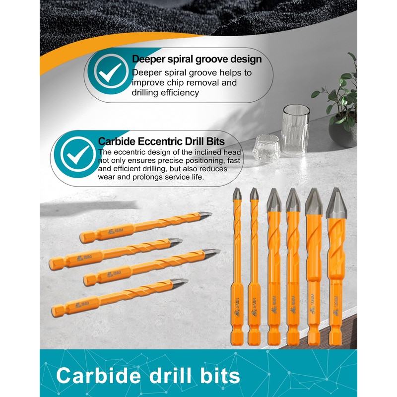 EXFEIN 3/16"-1/2" Masonry Drill Bits Kit with Quick-fit Shank, Carbide-Tipped