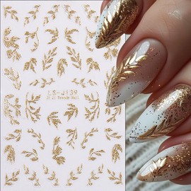 TiMi Nail Stickers New Chinese Style Hot Stamping Sparkling Powder Gold Branches, Jade Leaves, Leaves, Back Adhesive Nail Stickers A Set of 1 Sheets