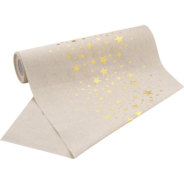 100%Mosel Table Runner Linen Look Natural, Stars in Gold, (28