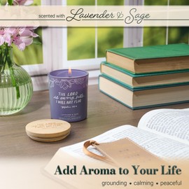 Christian Art Gifts Clean Natural Soy Wax Scented Women's Scripture Scented Candle: I Will Not Fear Inspirational Psalm, Purple Floral Glass Jar, Bamboo Lid, Pure Essential Oils, Lavender & Sage Scent