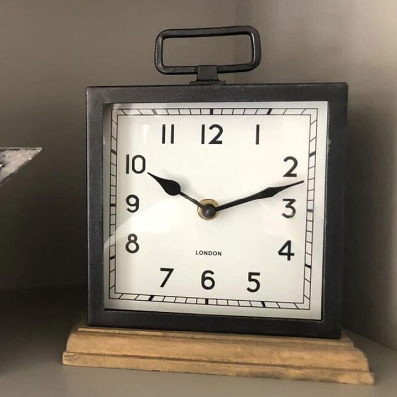 ARIATI Black Metal Handle Mentel Clock on Wood Base Distressed