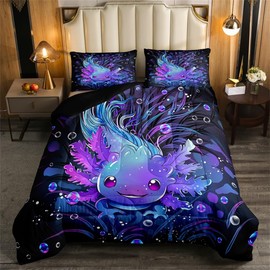 Feelyou Cute Axolotl Bedding Set Boys Girls Queen Size Salamander Comforter Set for Kids Women Men Ultra Soft Reptile Animal Comforter Ocean Sealife Duvet Set Room Decor Quilt Set