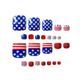 24pcs 4th of July Press on Toenails Short Square Fake Toe Nails American Flag designs Stick on Toenails Red Blue Silvery Glitter False Toenails Glossy Full Cover Glue on Toenails for Women