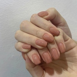 Solid Color Press on Nails Short Square Fake Nails with Designs Nude False Nails Glue on Nails Glossy Acrylic Nails for Women Girls Reusable Nail Sets 24 Pcs