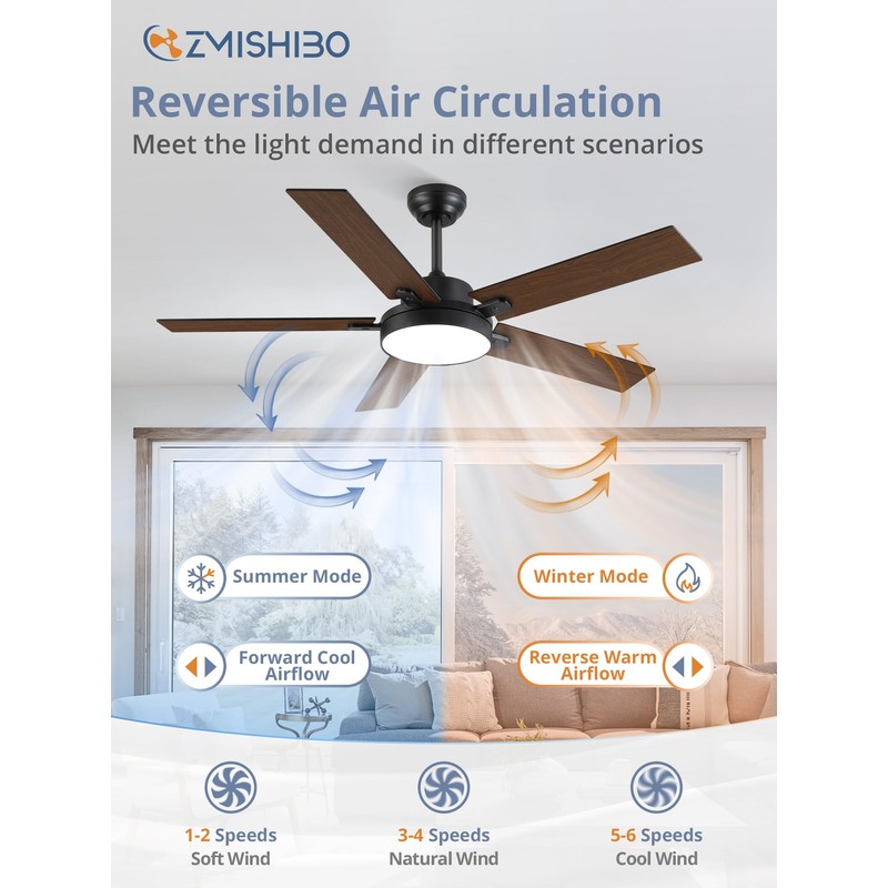 ZMISHIBO 52 Inch Ceiling Fans with Lights, Smart Remote/APP Control,