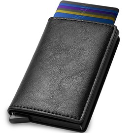 Tarjetero de Cuero para Hombre, Carteras para Hombre RFID que Bloquean el Dinero Clip de Doble Pliegue Delgado, Capacidad para 6 Tarjetas de Crédito (Negro)