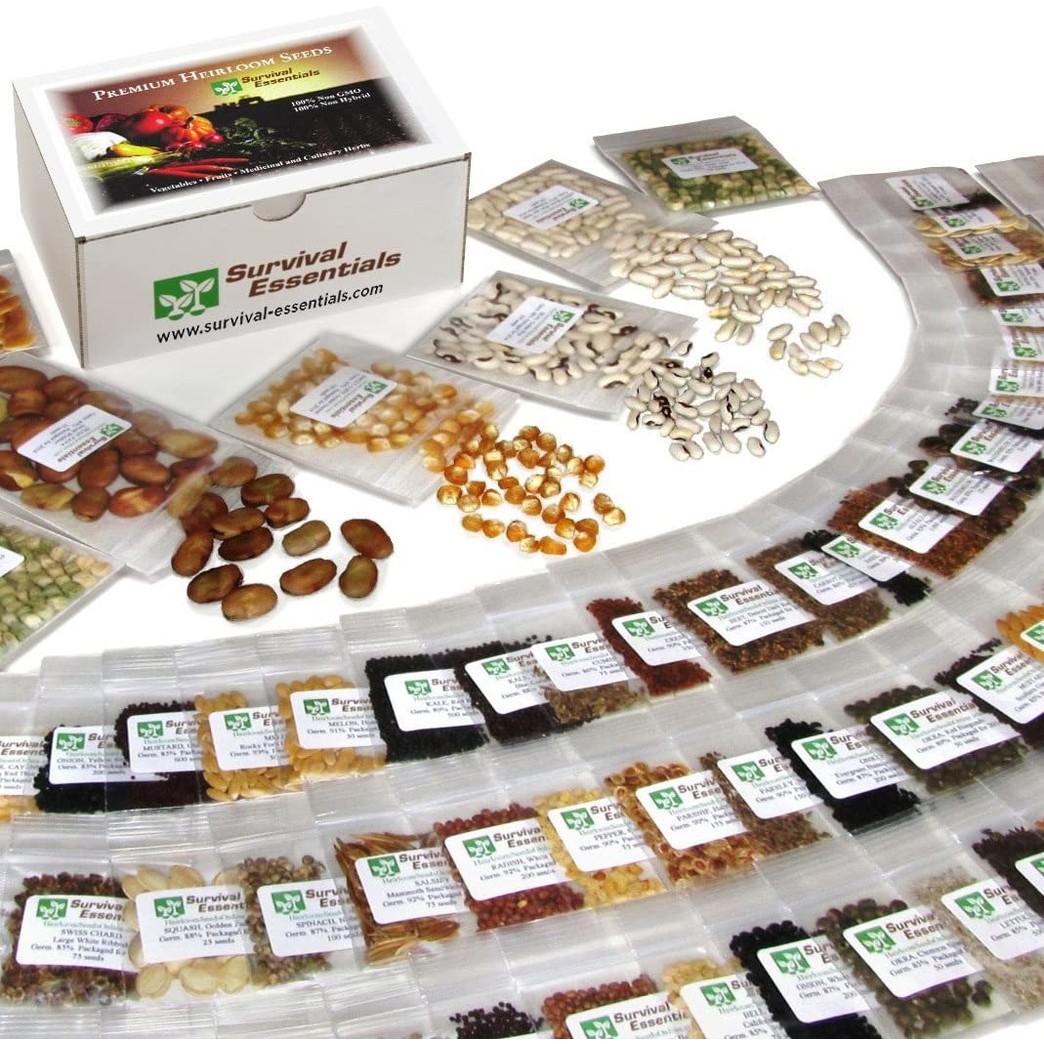 Survival Essentials' Premium 135 Variety Heirloom Seed Bank: 23,335+ Non-Hybrid, Non-GMO Heirloom Seeds.Veggies, Fruits, Medicinal & Culinary Herbs Plus 9 Free Rare Tomato Varieties