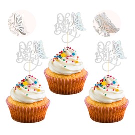 Paquete de 24 decoraciones para cupcakes de mariposa Oh Baby con purpurina para baby shower 3D de mariposa para cupcakes para revelar el género, baby shower, suministros de decoración de fiesta de cumpleaños para niños, color plateado