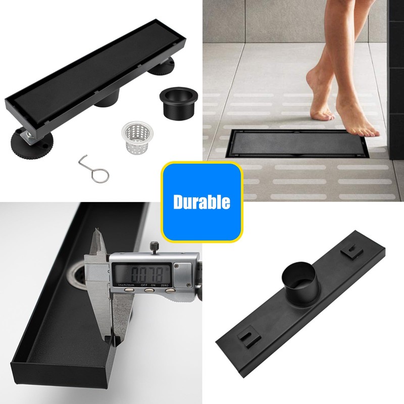 Fibetter Linear Shower Drain 12 Inch Black Rectangular Floor Drain
