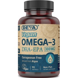 DEVA Vegan Omega-3 DHA EPA Supplement Once-Per-Day Softgel 300 MG - Carrageenan Gelatin & Gluten Free - Non-Fish Algae Oil Fatty Acids - 90 Softgels