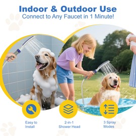 Dog Shower Attachment,Dog Shower With Brass Diverter,Pet Shower Attachment for 3 Spray Modes,8-Foot Hose With Indoor and Outdoor Adapters,for Bathing & Grooming Easy Dog/Cat Bathing and Cleaning