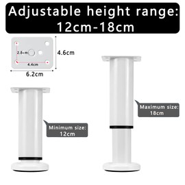 Pack of 2 Furniture Feet, Height Adjustable, Furniture Legs, Metal, Black, Furniture Feet, Adjustable, Furniture Legs for Cabinet, TV Cabinet, Bed, Sofa, Bedside, Chair (White, 2 Pieces, 12-18 cm)