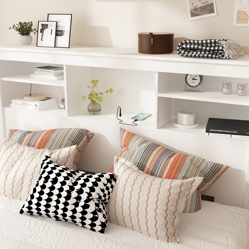 Timechee 65"W Timechee Wooden Bookcase Headboard With Light - With-Outlet,