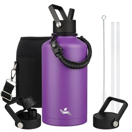 Konokyo Insulated Water Bottle with Straw,87 oz 3 Lids Water Jug with Carrying Bag,Paracord Handle,Double Wall Vacuum Stainless Steel Metal Flask,Purple