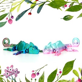 2 Pcs Hand-Painted 3D Printed Chameleons Stuff - Silk Rainbow & Tri-Color Gradient, 5.5 Inch Fully Articulated Reptile Aniamls Collectible Figures Desk Decor Lizard Gift