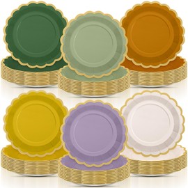 Tiangrid 96 Pcs Nature Wedding Paper Plates 9 Inch Sage Green Purple Scalloped Paper Disposable Dinner Dessert Plates for Birthday Wedding Bridal Party Supplies, 6 Colors