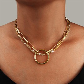 TseenYi Open Circle Necklace Layered Chunky Chain Choker Necklace Gold Circle Ring Pendant Necklace Thick Tennis Chain Necklace Layering Papeclip Chain Necklace Jewelry for Women and Girls