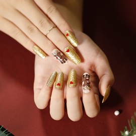 Merry Christmas Long Coffin Press On False Nails Medium Length Full Cover Acrylic Fake Nails for Women Lady Santa Claus Snowflakes Almond Shaped Reusable Nails for Home DIY Nail Art 24PCS (JP1269)