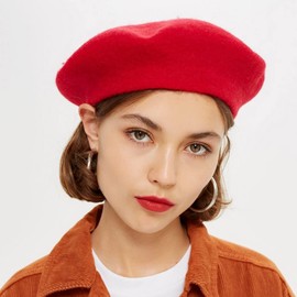 Women French Wool Beret Hats - Solid Color Classic Beanie Winter Cap(Red)