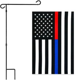 UD_G128 Combo Pack: Garden Flag Stand Black 36x16 Inch & Garden Flag Thin Blue and Red Line 12x18 Inch