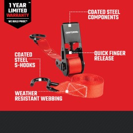 CRAFTSMAN CMXAZBS9004 Black/Red 1" x 10' Ratchet Tie Down Straps - Light-Weight Duty (900 Lb Break Strength), 4 Pack