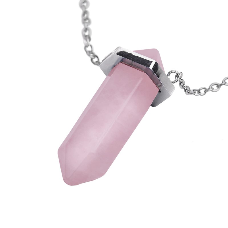 LuckyLy Collar para Mujer de Cuarzo Rosa, Cadena de Acero