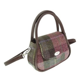 Glen Appin Harris Tweed 'Buchan' Round Mini Handbag (Muted Green & Rose Pink Tartan)