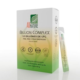 All Nature Billion Complex, Probióticos 10 Billones, Pre, Pro y Post Bióticos en Polvo, Sabor Limón, 30 Stickpacks de 2g, con Vitamina D3 y Zinc      