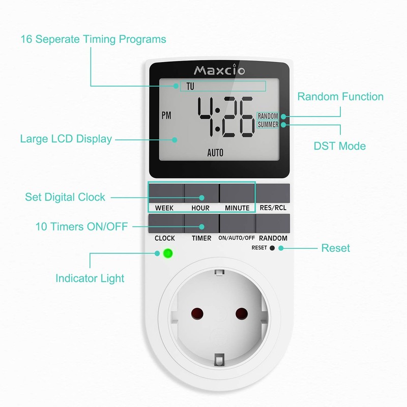 Digital timer socket, Maxcio timer switch with 10 configurable weekly
