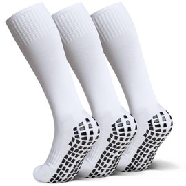 Raigoo - Calcetines antideslizantes con agarre para fútbol, sóftbol, béisbol, fútbol americano para niños y niñas de 4 a 16 años hasta la rodilla antideslizantes, 3 pares blanco, 4-7 Años