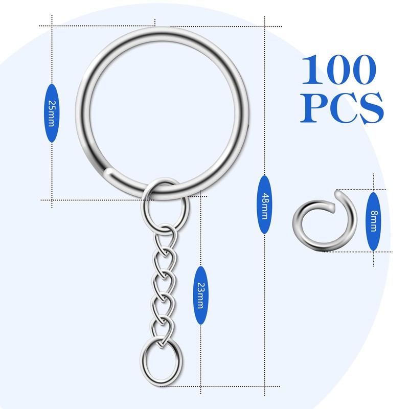 AiQInu Pack of 100 25 mm Key Rings with Chain,