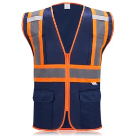 SULWZM High Visibility Reflective Safety Vest with Zipper and Pockets Navy Blue,XL