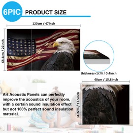 Art Acoustic Panels, 6 Pack Self-Adhesive Large Wall Art Paintings for Wall Decoration, Sound Absorbing Panels for Recording Studio, Living room, Bathroom, 47.2" × 27" (Bald Eagle with Flag)