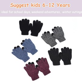 Anti-Slip Kids Winter Touch Screen Knitted Gloves 6-12 Years Girls Boys Thermal Warm Glove Cold Weather Full Finger Plush Lined Insulated Mittens for School, Winter Sports
