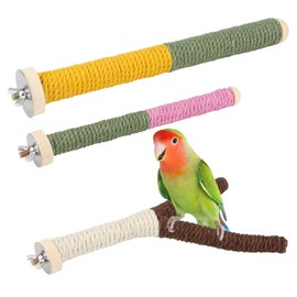 Reshiho 3PCS Bird Rope Perch for Parrots, Natural Wood & Hemp Rope-Surfaced Perches for Cage, Chew Toys Accessories for Cockatiels Budgies Parakeets Conures, Metal Nut Installation Bird Toys