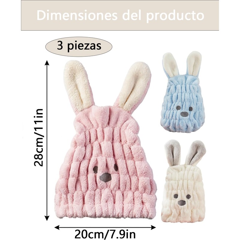3 Toallas Microfibra Cabello, Toalla para Cabello Absorbente, Gorros Secado