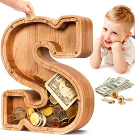 SummiDate Wooden Letter Piggy Bank| Piggy Bank for Boys Girls Toddler| Alphabet E Money Bank| Coin Bank Birthday Gift for Kids|Children's Gift (S)
