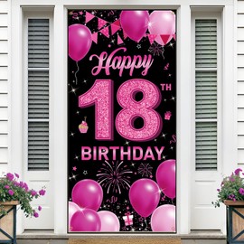 HTTZZI Happy 18th Birthday Decorations for Girls - Fabric 18 Years Old Birthday Backdrop Banner, Yard Sign, Photo Props Background - Hot Pink Birthday Party Decor Supplies for Women