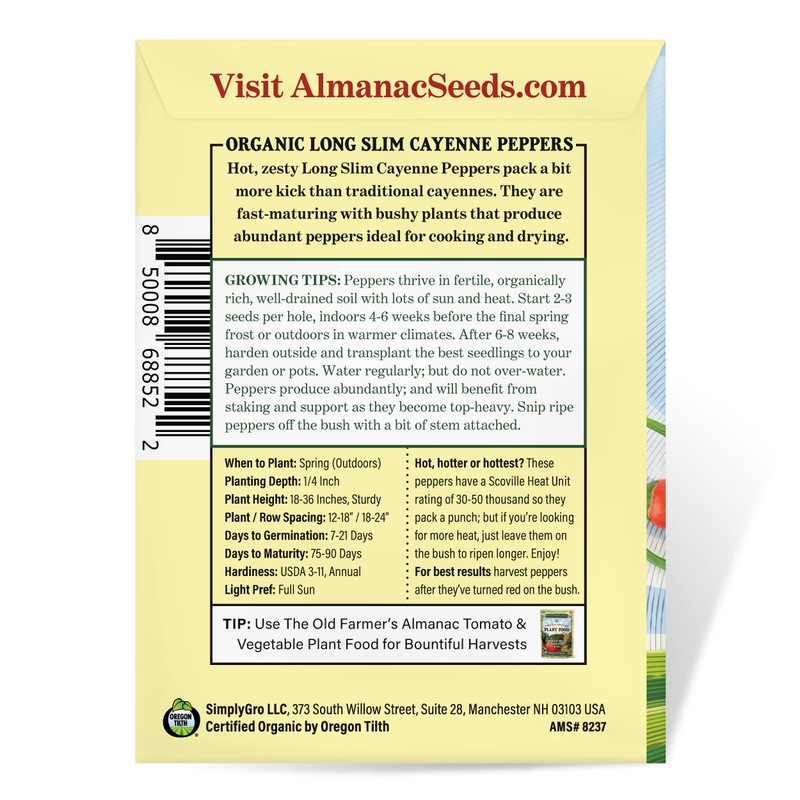The Old Farmer's Almanac Organic Cayenne Pepper Seeds (Long Slim)