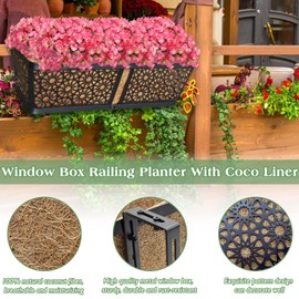 ZeeDix 3 Pack Metal Window Box for Railings, 24 Inch Over Railing Planter Boxes with Coco Liners, Hanging Flower Box Planters for Outdoor Fence Deck Porch Balcony & Patio