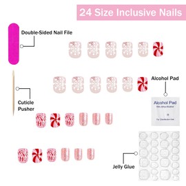 Christmas Press on Nails Short Square MABKJLF Pink Fake Nails Winter False Nails with Designs Snowflake Bow Cane Candy Glossy Glue on Nails Xmas Acrylic Nails for Women Girls 24 Pcs