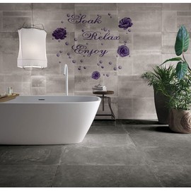 Floral Bathroom Soak Relax Enjoy Quotes Wall Sticker Decals,Purple Flower Rose Bubbles Botanical Decoration Vinyl Wallpaper Mural for Bathroom Lavatory Spa Washroom Restroom