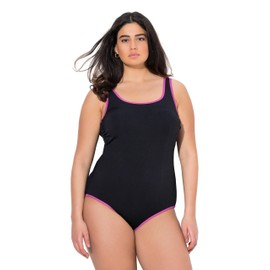 Ulla Popken Costume da Bagno Rotondo da Donna, con bordini Colorati, Senza Coppe morbide, Nero, 54-56