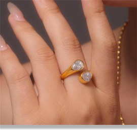 Cubic Zirconia Waterdrop Wrap Finger Band for Women Double Crystal Teardrop Shape Adjustable Stacking Ring Open Statement Promsie Rings (8)