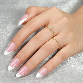 White French Tip, Jofay Fashion Press on Nails, 320Pcs Pink Medium Almond Nails, Pre-applied Tip Primer & Base Coat, Salon Fake Nails, 16 Sizes