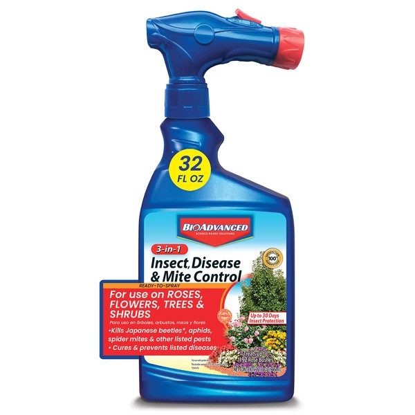 BioAdvanced 708287 3-in-1 Insect Disease & Mite Control Spray, 32-Ounce, White