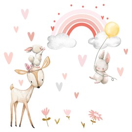 Little Deco DL715 Wall Sticker Children's Room Deer Rabbits I Wall Picture 52 x 35 cm (W x H) I Rainbow Wall Sticker Flowers Playroom Girls Room Baby Decoration