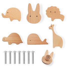HIQE-FL Animal Wooden Drawer Handle, 6 Pieces Wooden Knobs with Animal Motifs, Wooden Knobs Cupboard, Decorative Wooden Chest of Drawers Knobs with Screws, Knob for Cabinets (E)