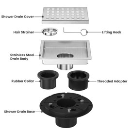 EXF 6 Inch Square Shower Drain Brushed Nickel, Stainless Steel Shower Floor Drain Kit with ABS Flange, Removable Grid Cover, Hair Strainer