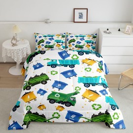 Feelyou Cartoon Garbage Truck Bedding Set Green Trash Truck Comforter Set for Kids Boys Girls Teens Green Vehicle Car Comforter Garbage Truck Toy Print Duvet Set 2Pcs Twin Size